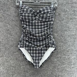 Anne Cole Swimsuit Women 8 Black Plaid Push Up Strapless Lined Nylon One Piece